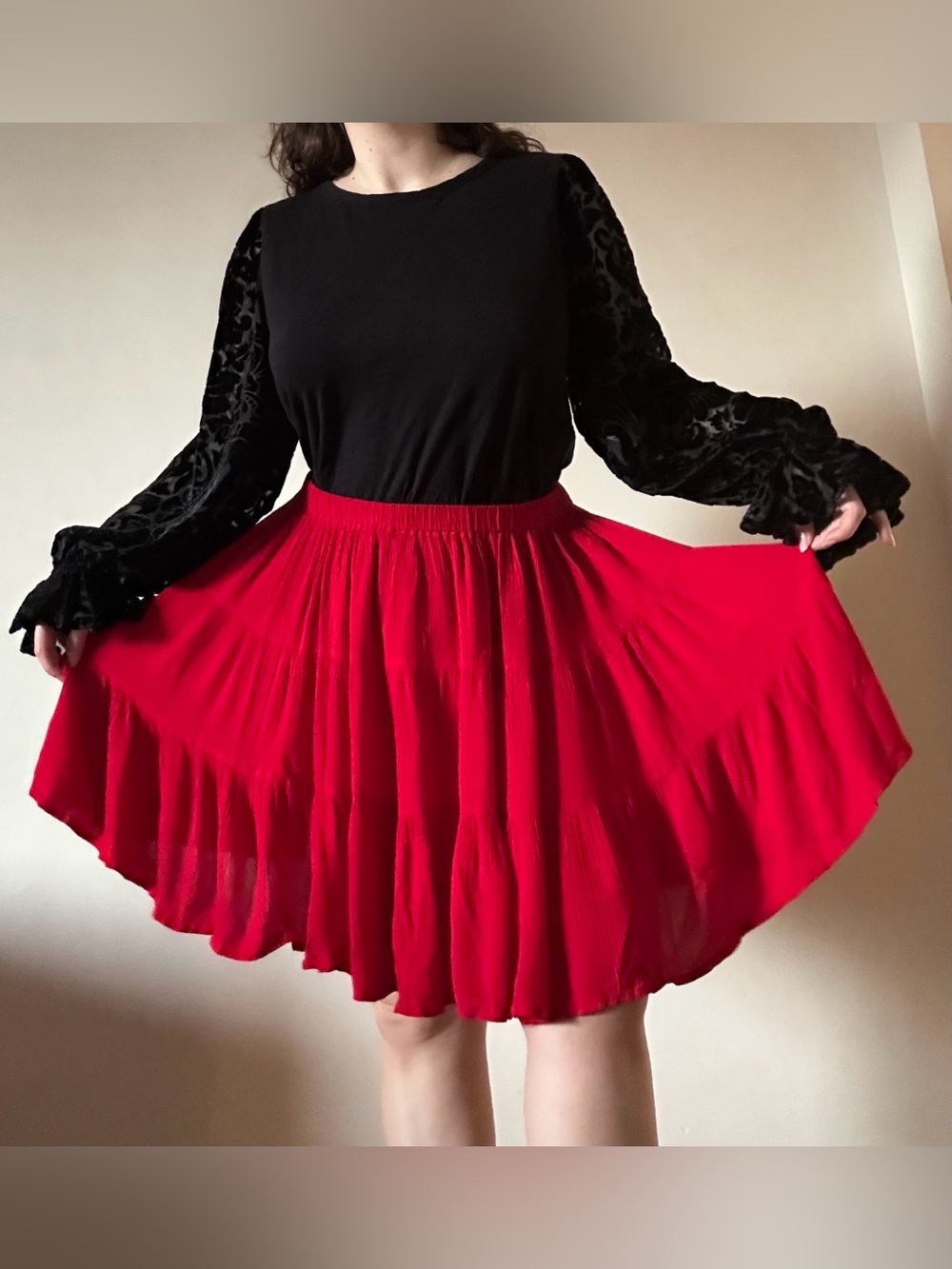 vintage red tiered flowy full circle skirt